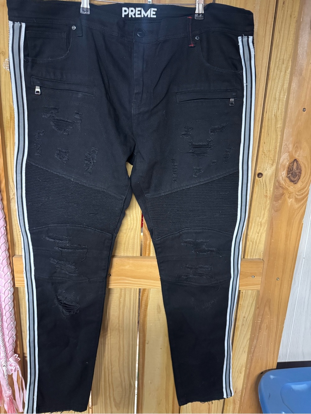 PREME Men's Black Moto Distressed Jeans Size 42x34 Triple Side Stripe
